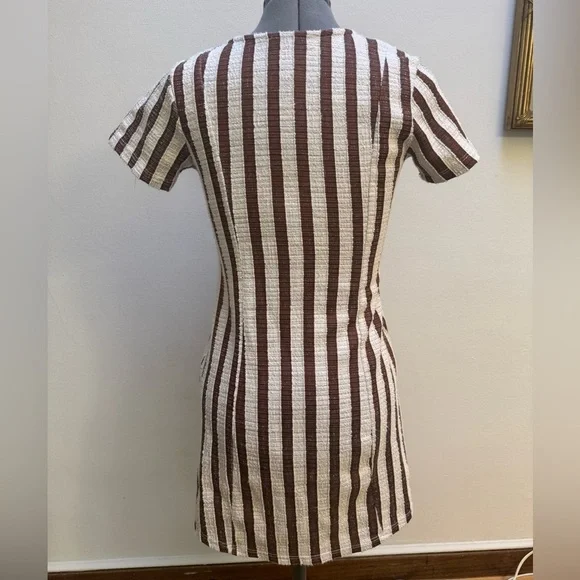 Zara Trafaluc Rustic Buttoned Tan and Brown Striped Mini Dress - Picture 4 of 5
